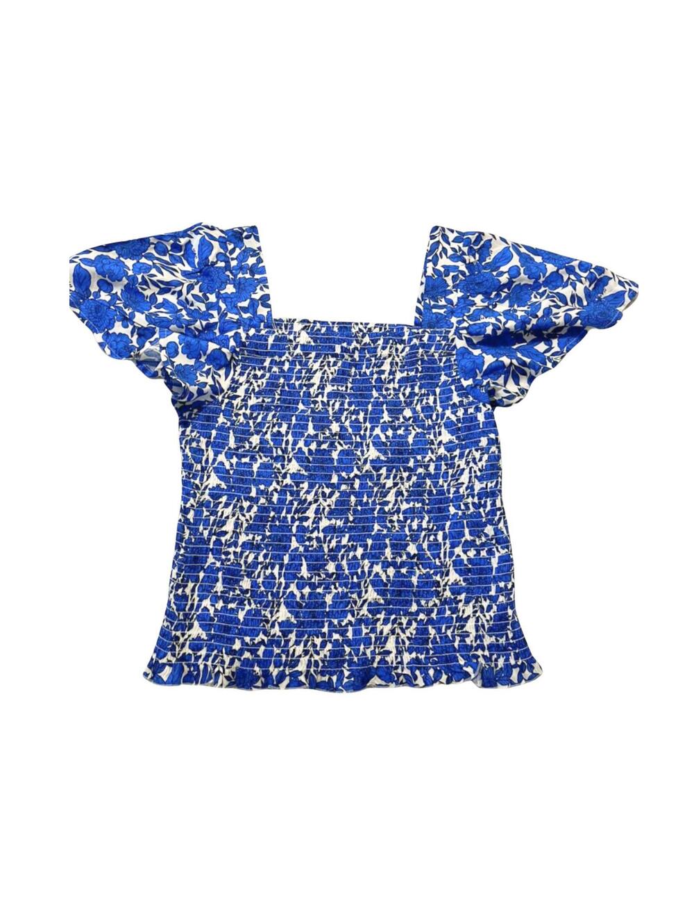 Japna Blue Floral Smocked Milkmaid Top Women L Puff Sleeve Square Neck Boho